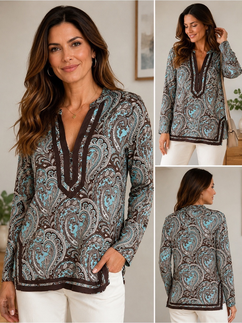 Michael Michael Kors Blue Brown Paisley Tunic Top Size S